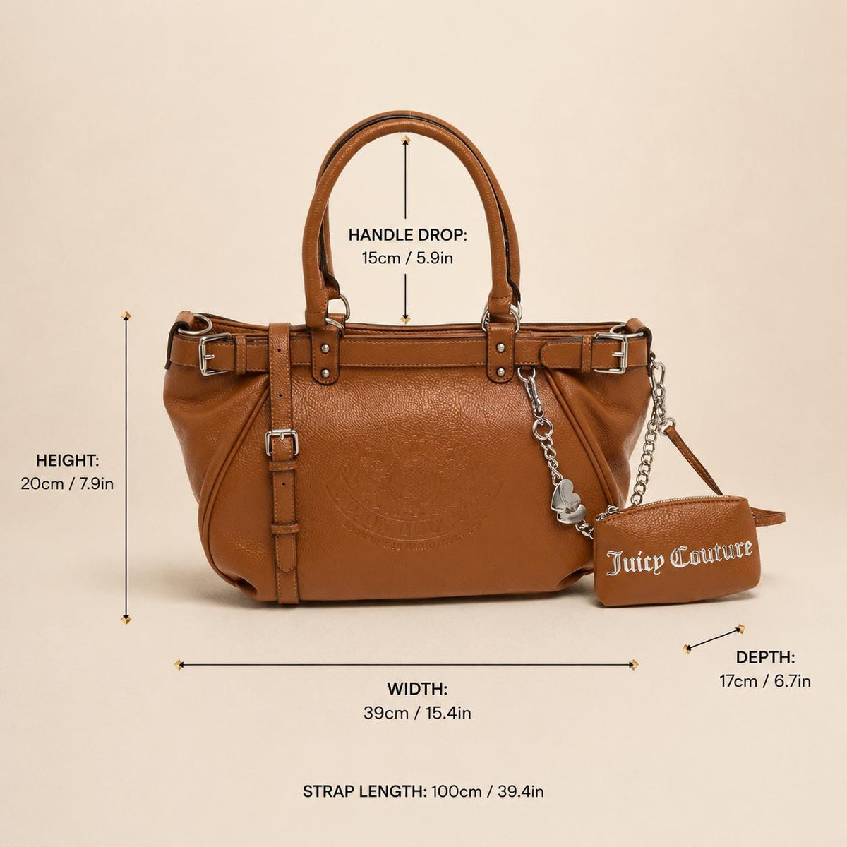 Juicy Couture Tan Shoulder Bag, Twig Narrative Handbag, Brown Crossbody Bag with Pouch, Silver Charm Designer Bag