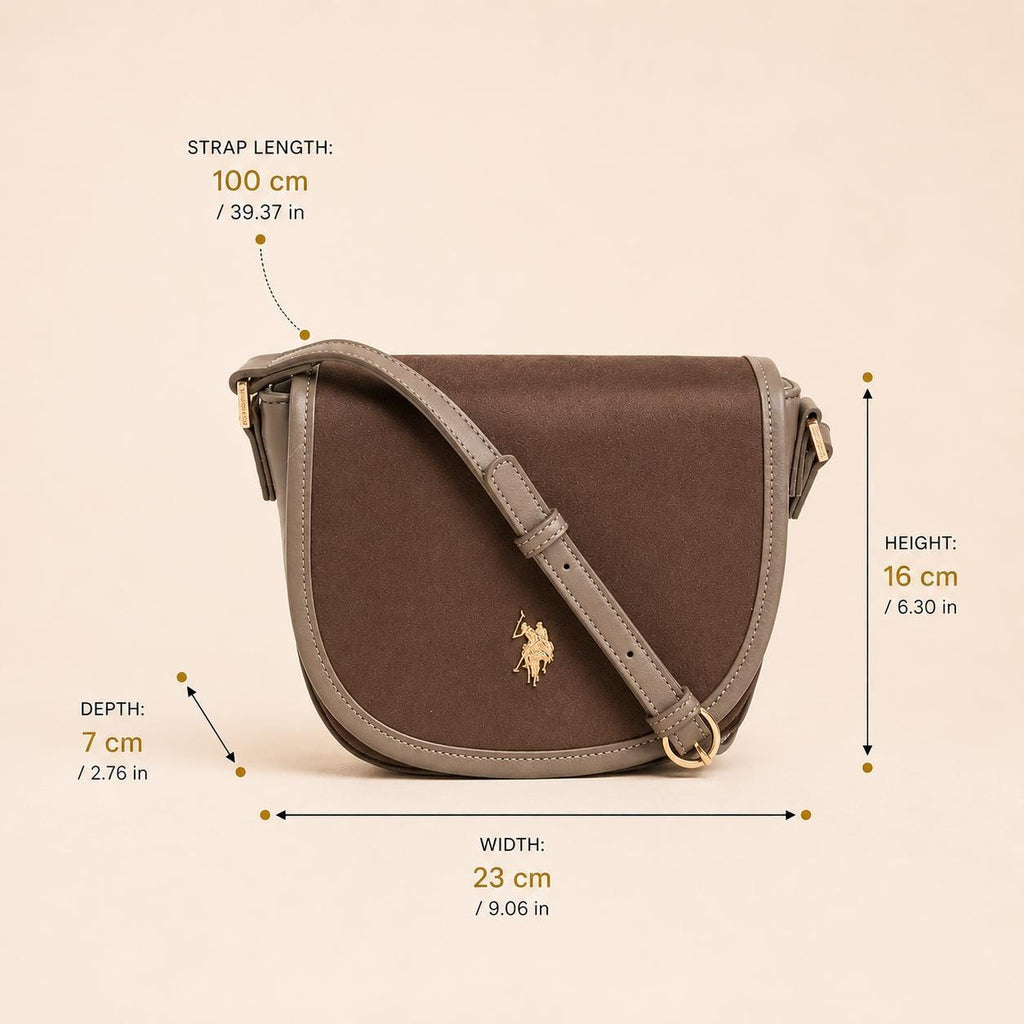 U.S. Polo Assn. Taupe Crossbody Bag, Jones Saddle Shoulder Bag, Adjustable Strap Handbag, Gold Logo Purse, Gift for Her