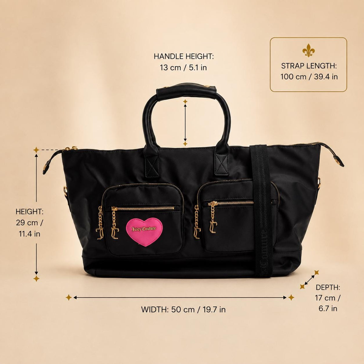 Juicy Couture Black Heart Weekend Bag, Large Black Travel Bag, Pink Heart Logo, Gold Tone Hardware, Shoulder Holdall