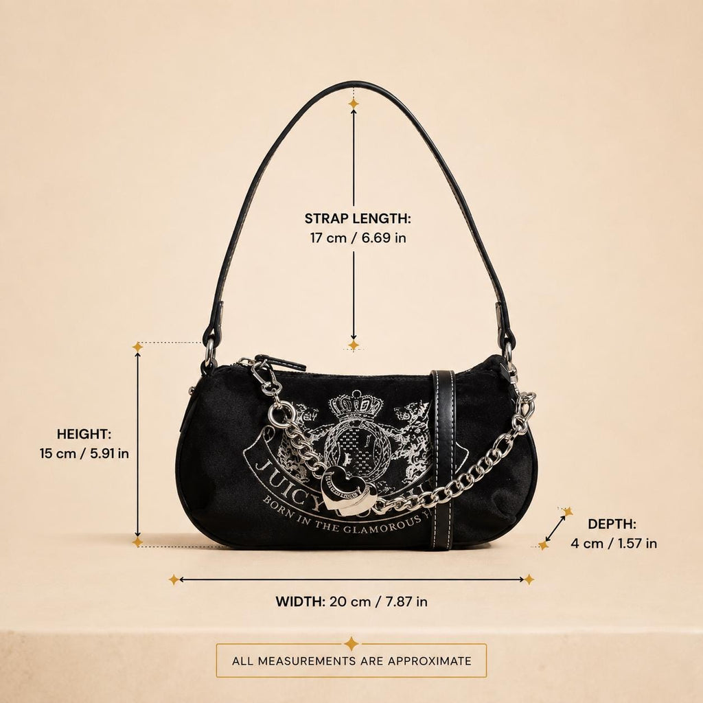 Juicy Couture Black Shoulder Bag, Silver Chain Crossbody Bag, Heart Charm Handbag, Embossed Crest Purse, Gift for Her
