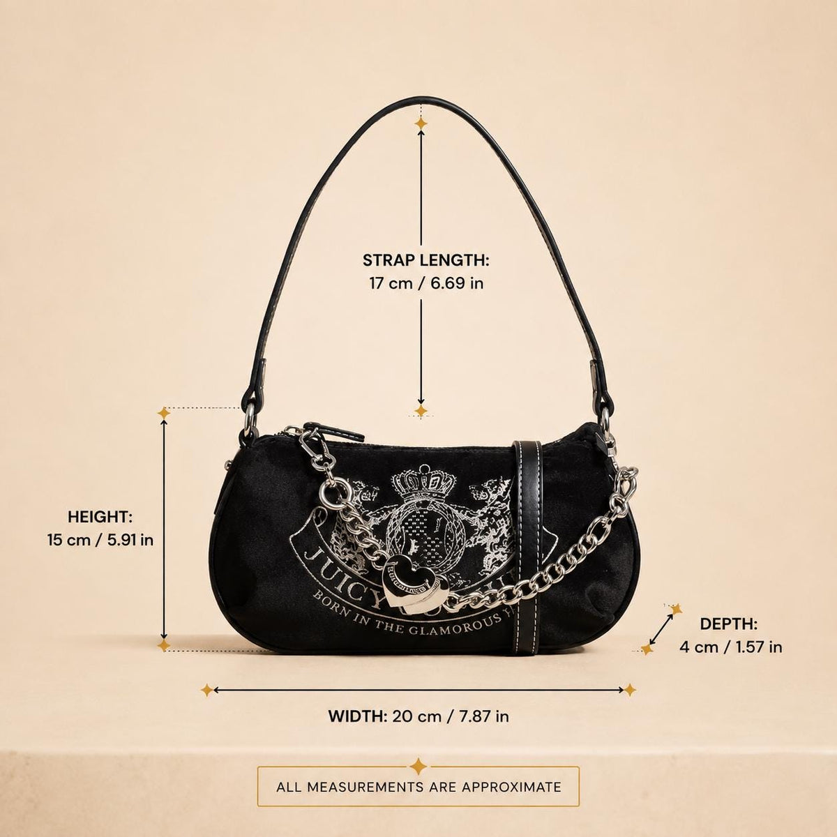 Juicy Couture Black Shoulder Bag, Silver Chain Crossbody Bag, Heart Charm Handbag, Embossed Crest Purse, Gift for Her