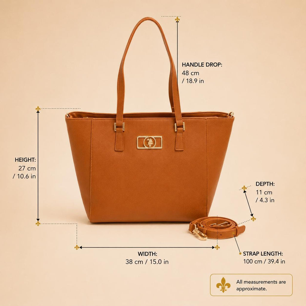 US Polo Assn Burnt Orange Shopper Bag, Large Tote Handbag, Crossbody Shoulder Bag, Detachable Strap, Gold Logo Bag