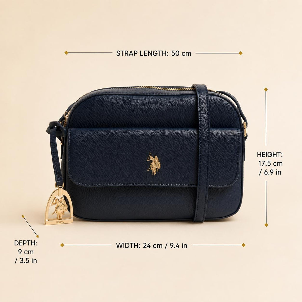 U.S. Polo Assn Navy Crossbody Bag, Blue Shoulder Handbag, Gold Logo Purse, Adjustable Strap Camera Bag, Gift for Her