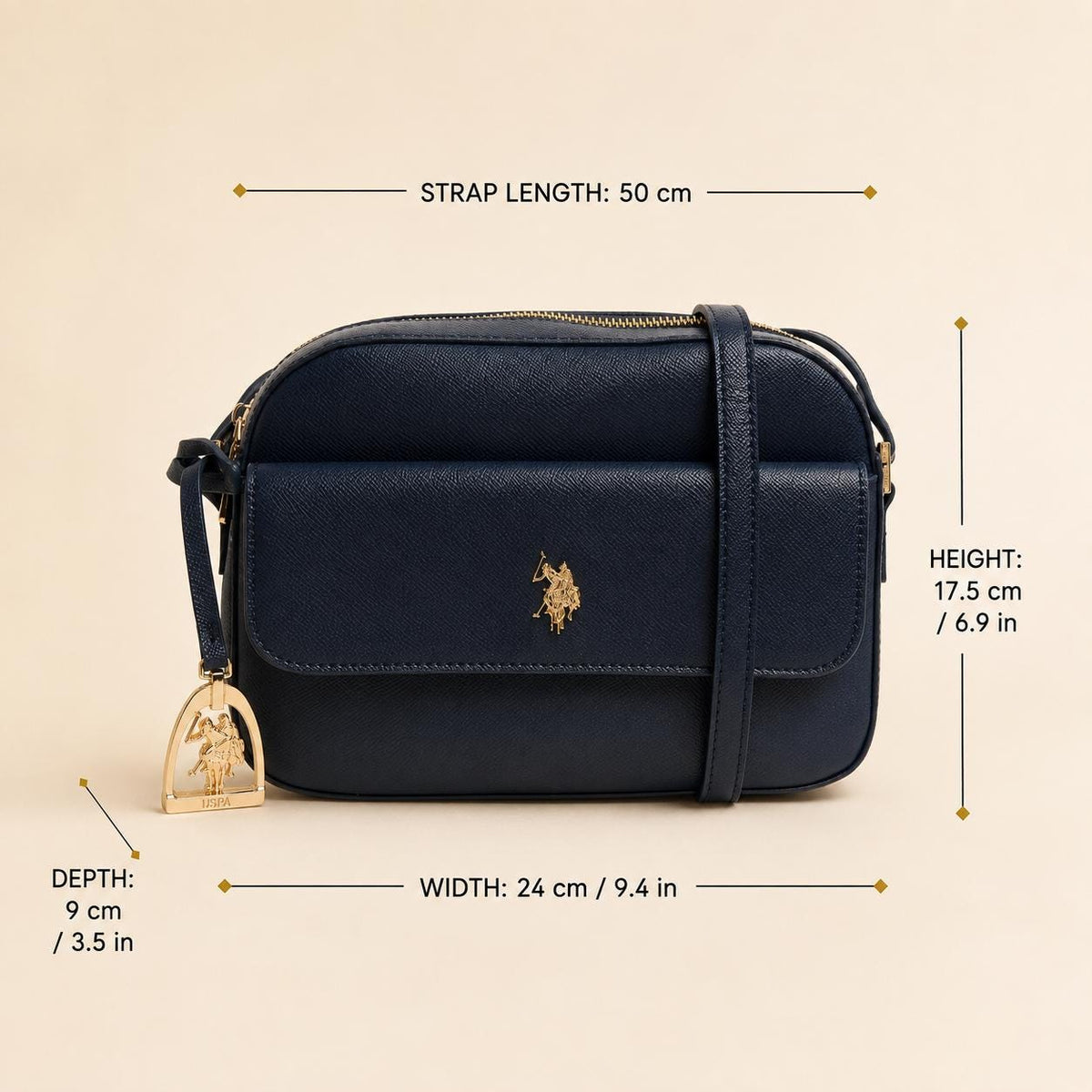 U.S. Polo Assn Navy Crossbody Bag, Blue Shoulder Handbag, Gold Logo Purse, Adjustable Strap Camera Bag, Gift for Her