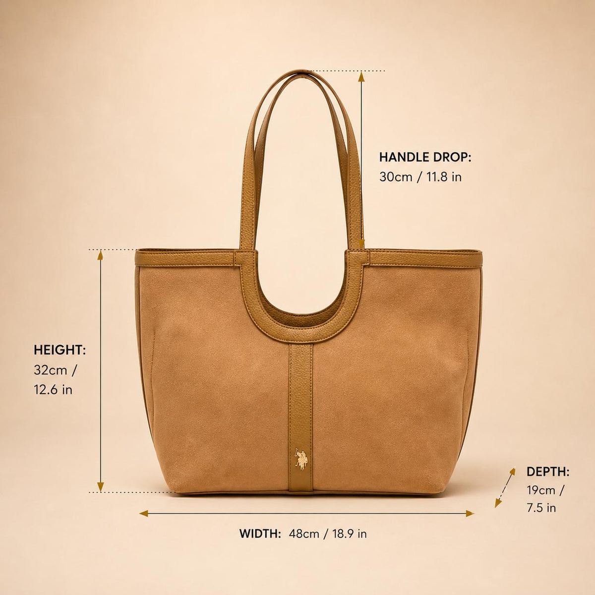 U.S. Polo Assn. Tan Tote Bag, Large Shoulder Bag, Suede Look Handbag, Womens Work Shopper, Everyday Bag, Gift for Her
