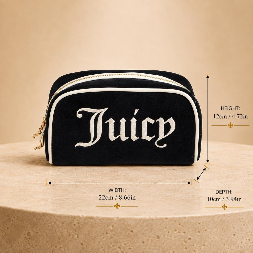 Juicy Couture Black & Cream Velour Cosmetic Bag, Embroidered Logo Makeup Bag, Luxury Beauty Case, Toiletry Bag, Gift for Her