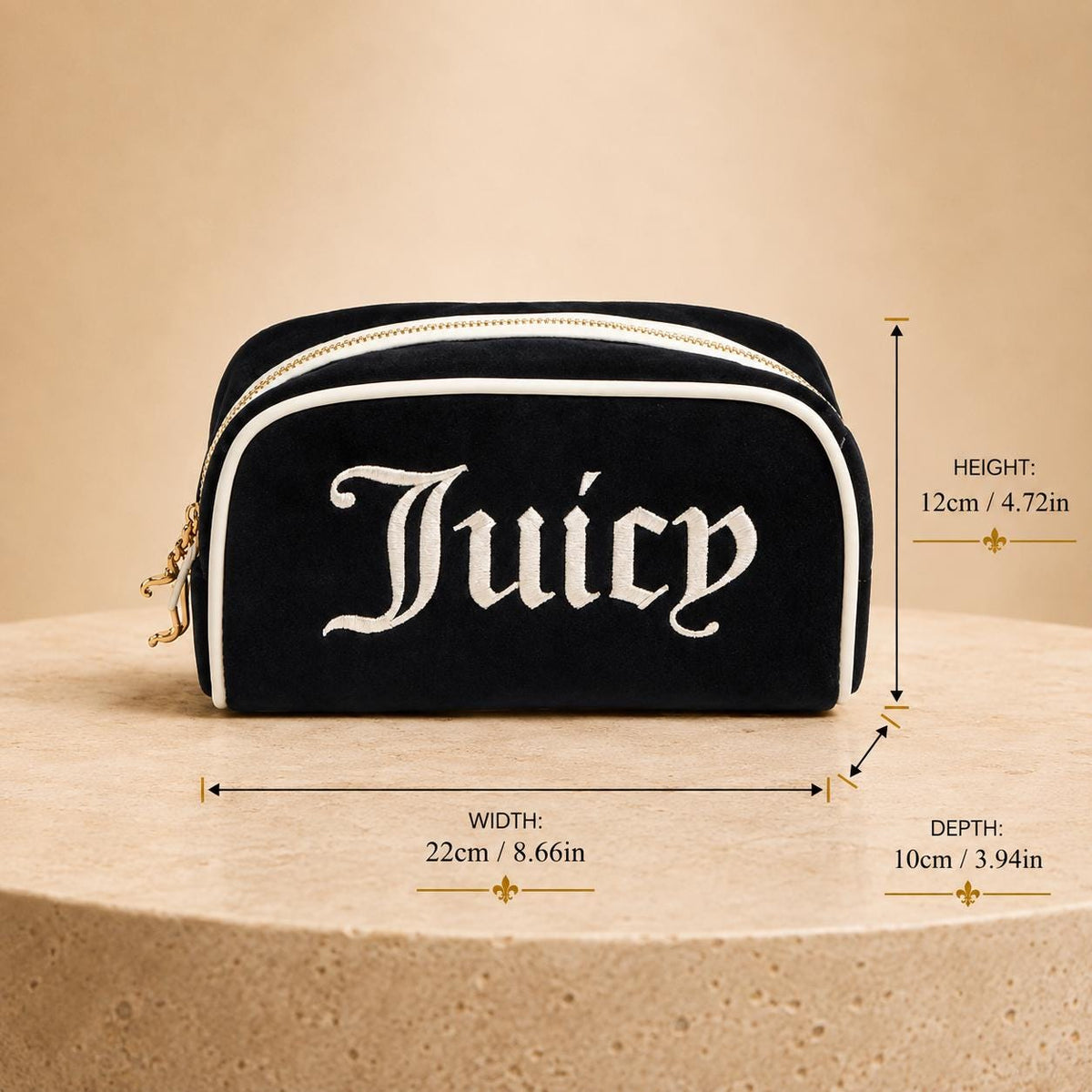 Juicy Couture Black & Cream Velour Cosmetic Bag, Embroidered Logo Makeup Bag, Luxury Beauty Case, Toiletry Bag, Gift for Her