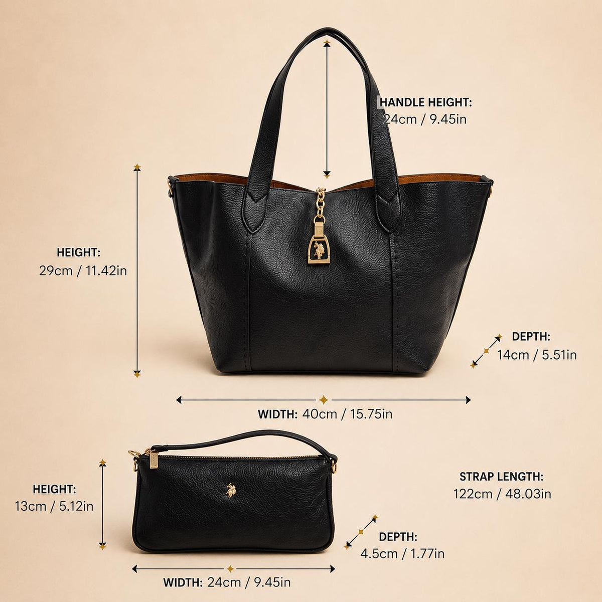 US Polo Assn Black Helcho Tote Bag with Pouch, Womens Pebbled Shoulder Handbag, Gold Hardware Large Shopper, Gift for Her