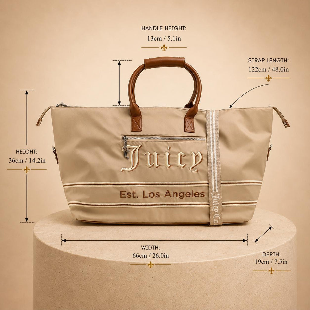 Juicy Couture Large Weekender Bag, Light Taupe Travel Bag, Overnight Holdall, Nylon Duffle Bag, Weekend Luggage for Women
