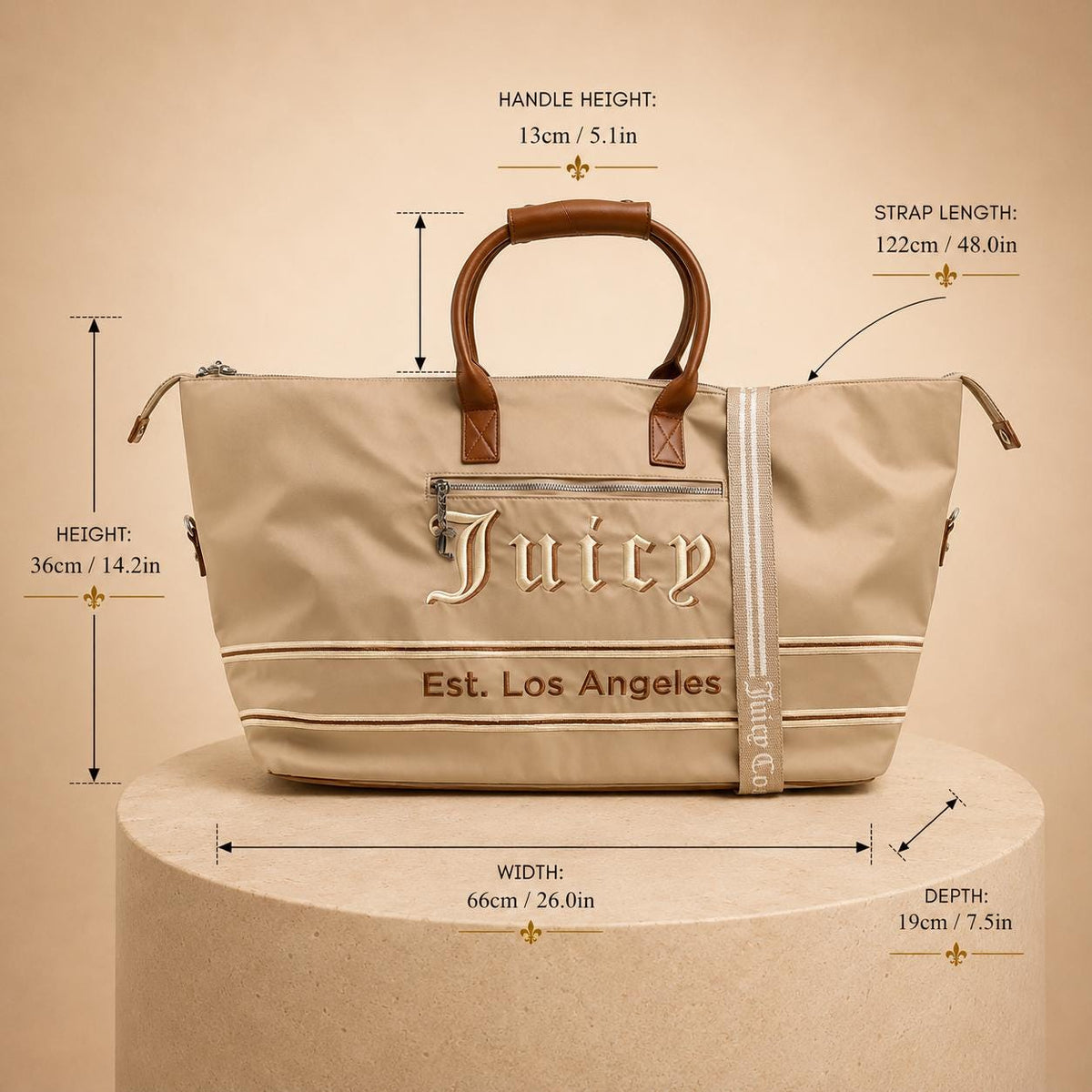 Juicy Couture Large Weekender Bag, Light Taupe Travel Bag, Overnight Holdall, Nylon Duffle Bag, Weekend Luggage for Women