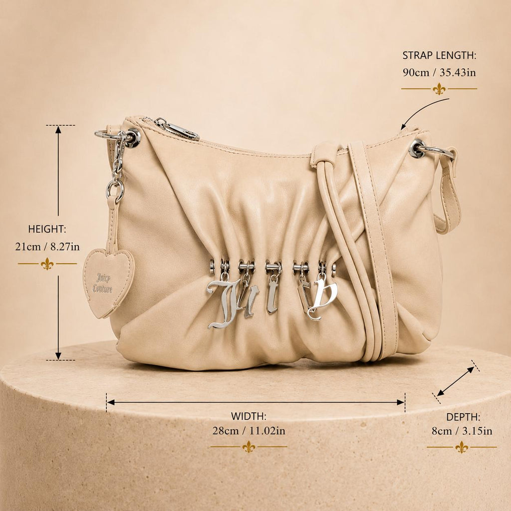 Juicy Couture Marshmallow Jade Shoulder Bag, Cream Ruched Handbag, Silver Charm Logo Purse, Women’s Designer Shoulder Bag
