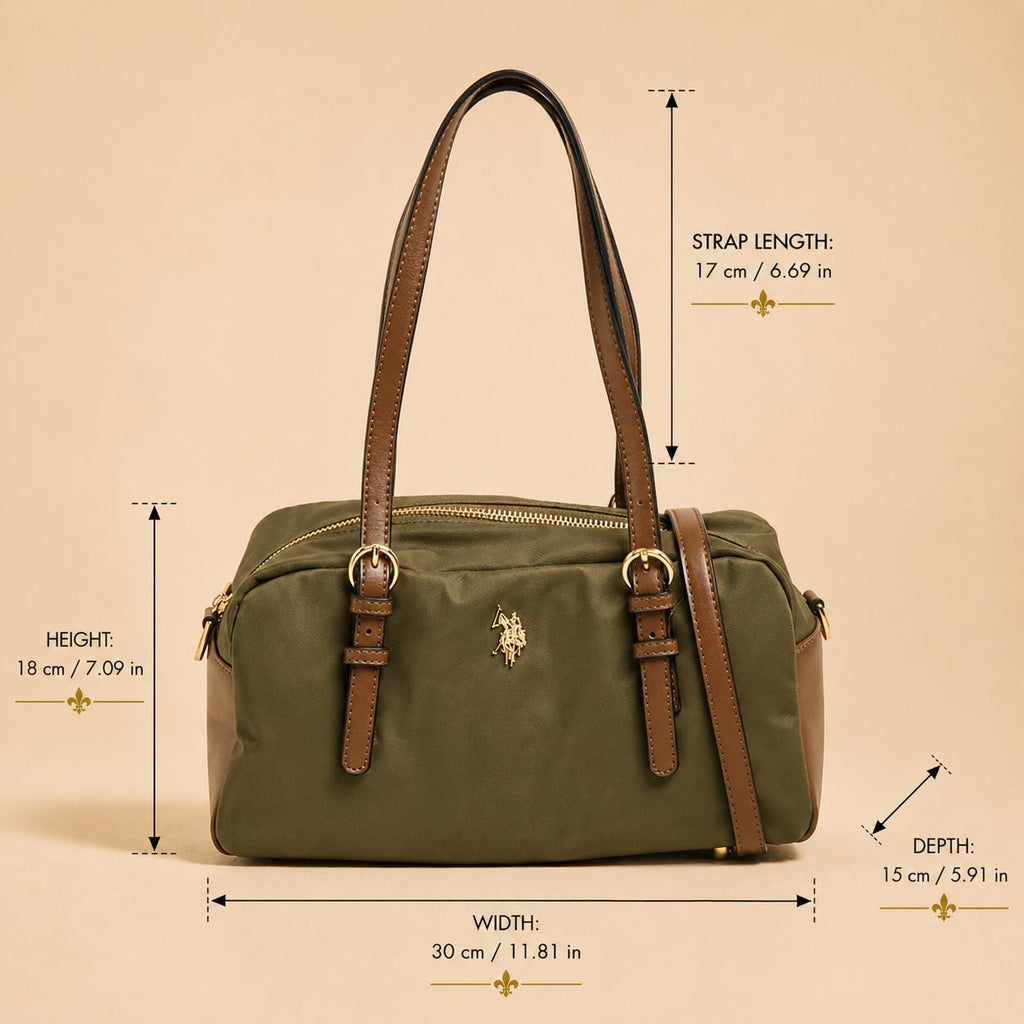 US Polo Assn Khaki Bowling Bag, Olive Green Shoulder Bag, Brown Trim Satchel, Gold Hardware Handbag, Everyday Bag for Women