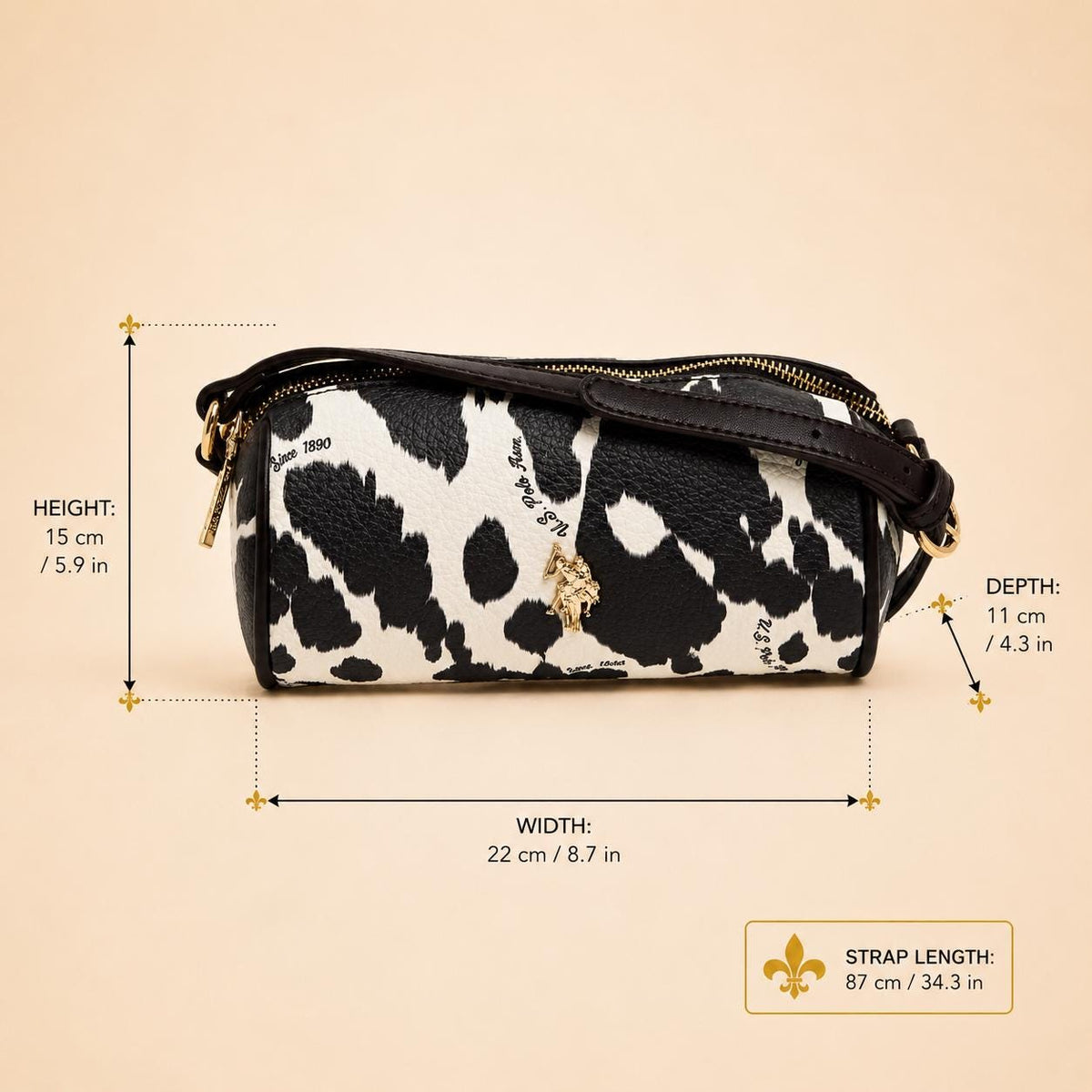US Polo Assn Cow Print Crossbody Bag, Brown & Cream Shoulder Bag, Adjustable Strap Handbag, Gold Charm Purse, Gift for Her
