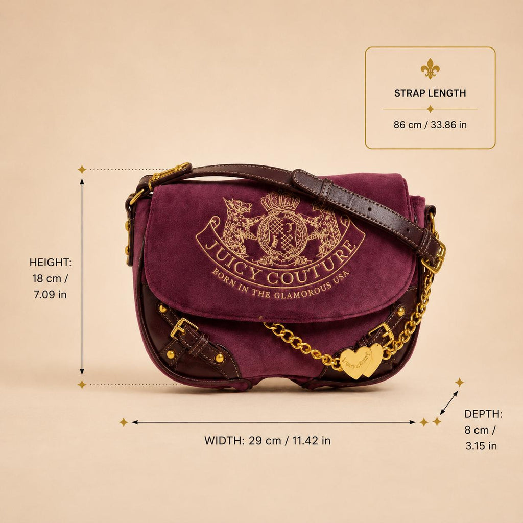 Juicy Couture Burgundy Velour Crossbody Bag, Gold Heart Charm Saddle Shoulder Bag, Dusty Rose Designer Handbag