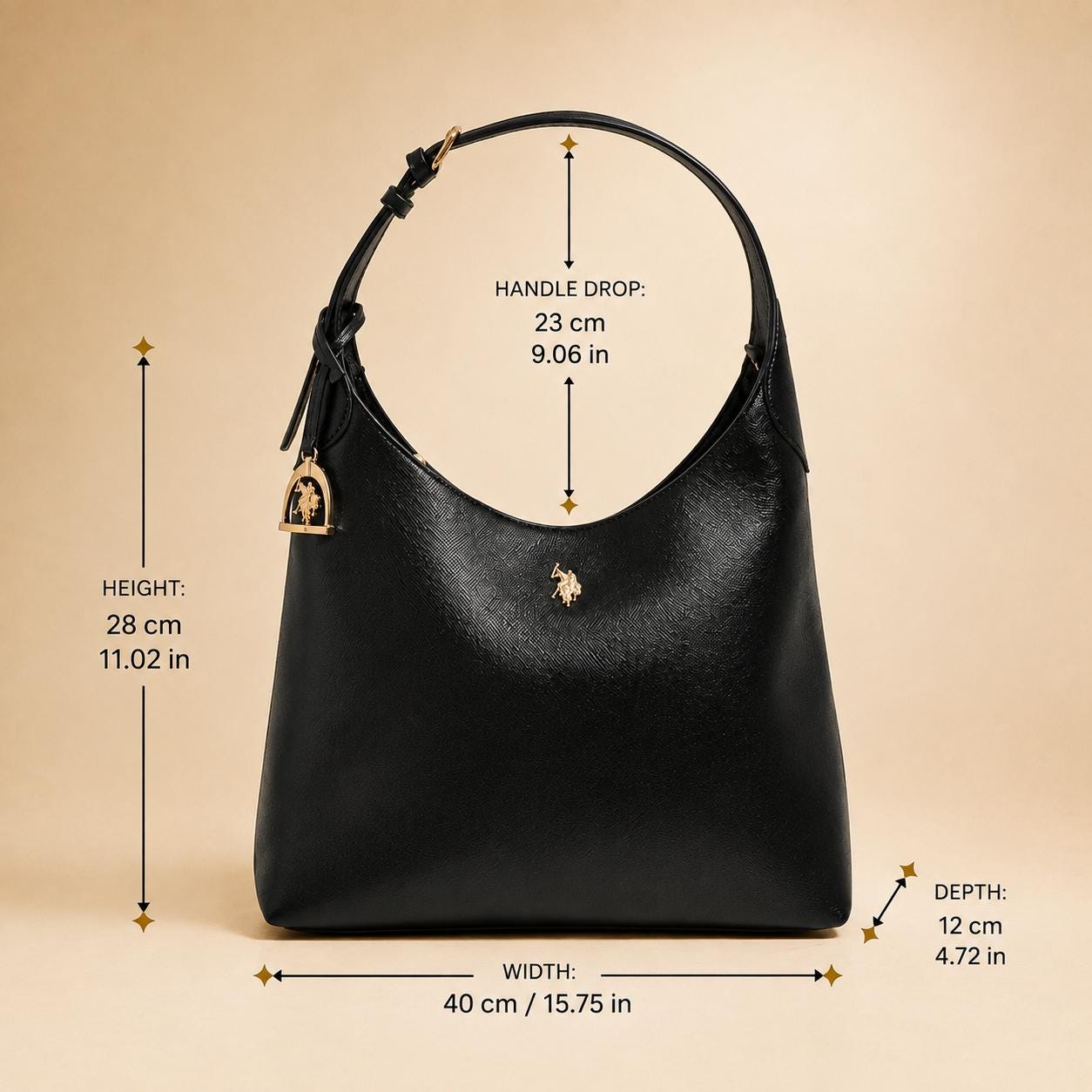 US Polo Assn Black Jones Hobo Shoulder Bag | Women’s Black Handbag | Gold Logo Top Handle Bag | Everyday Designer Style Gift