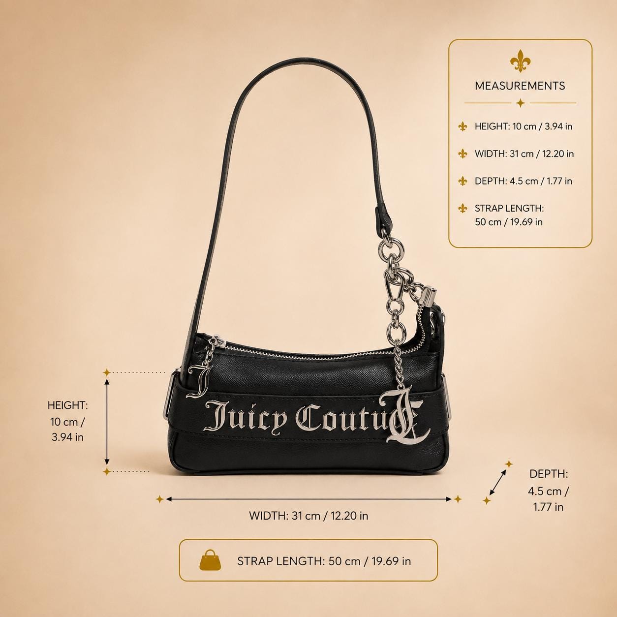 Juicy Couture Black Jasmine Shoulder Bag, Silver Chain Logo Handbag, Black Designer Purse, Women’s Shoulder Bag, Gift for Her