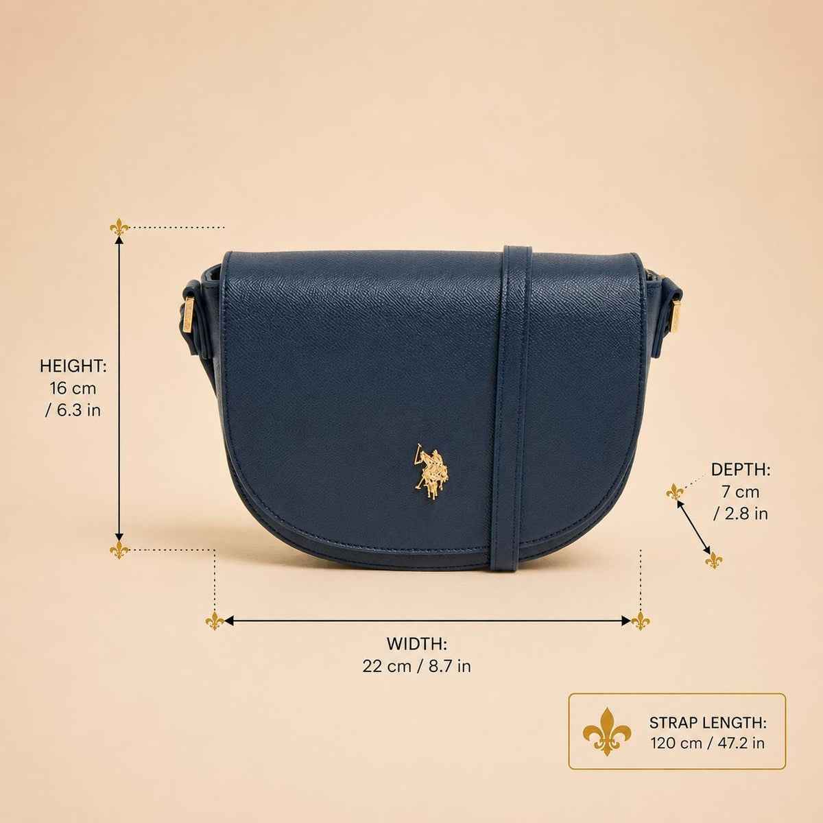 US Polo Assn Navy Crossbody Bag, Jones Shoulder Handbag, Adjustable Strap Purse, Gold Logo Saddle Bag, Gift for Her
