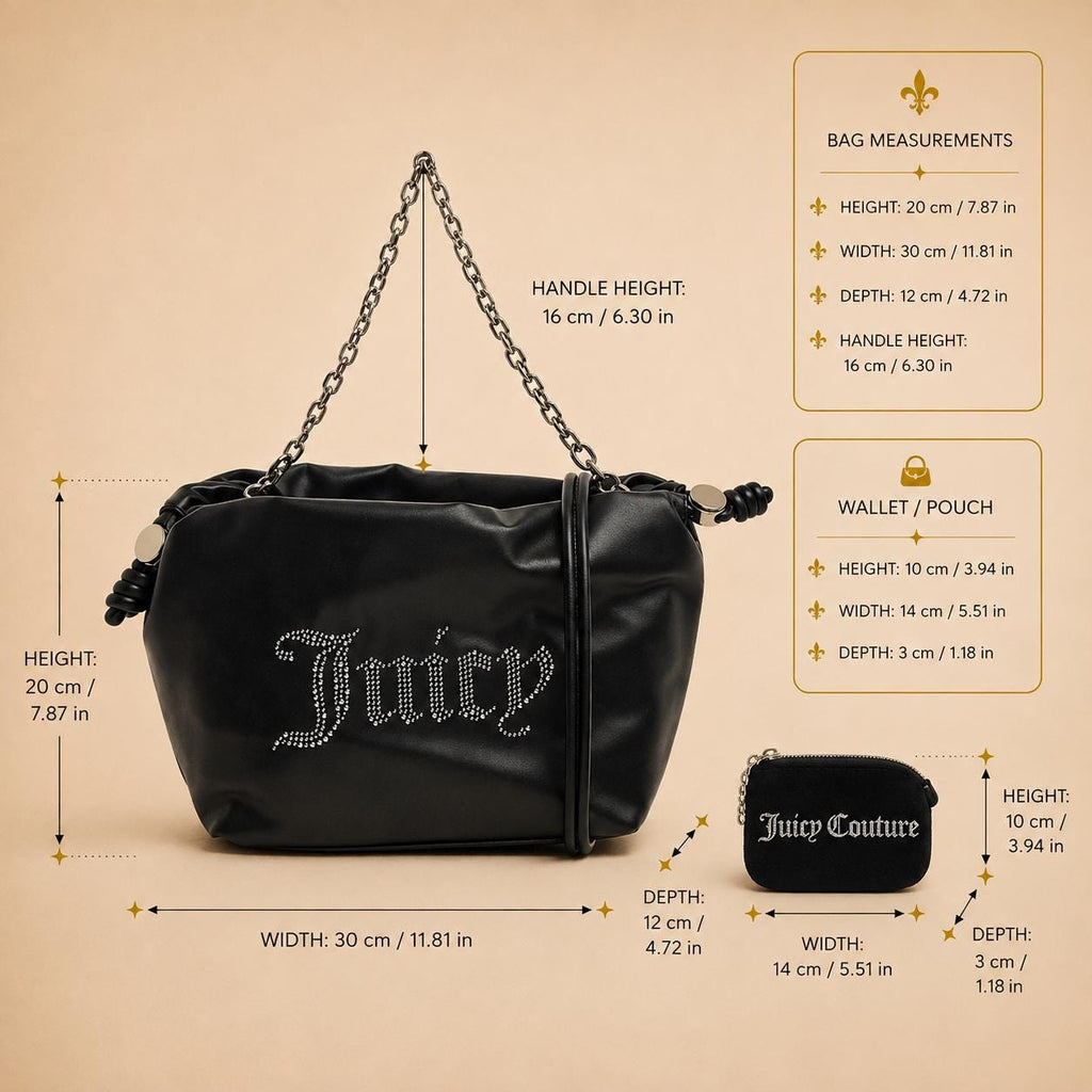 Juicy Couture Black Satchel Bag with Wallet, Silver Chain Shoulder Bag, Studded Logo Handbag, Women’s Designer Purse