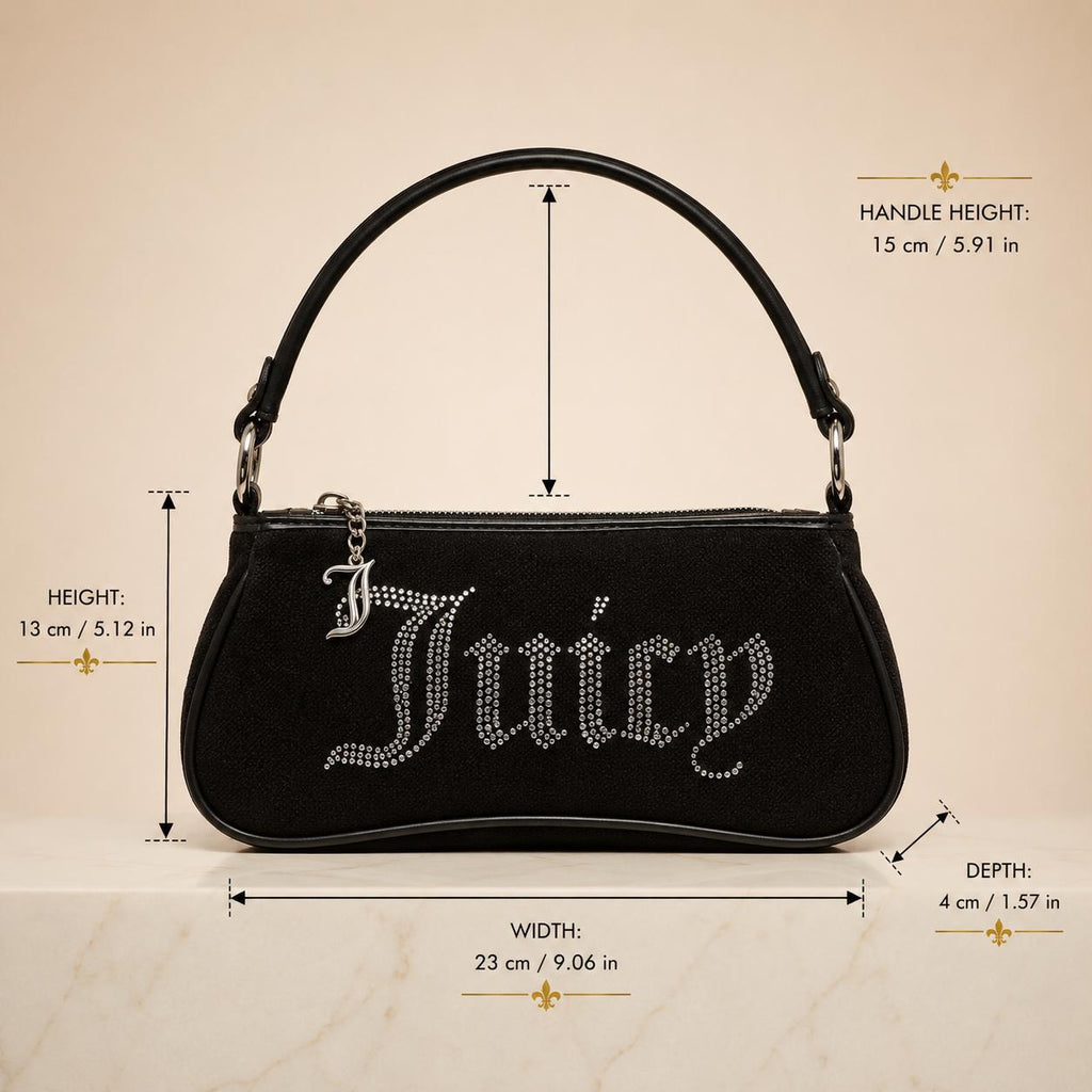 Juicy Couture Black Velvet Shoulder Bag, Rhinestone Handbag, Matching Pouch, Silver Charm Purse, Gift for Her