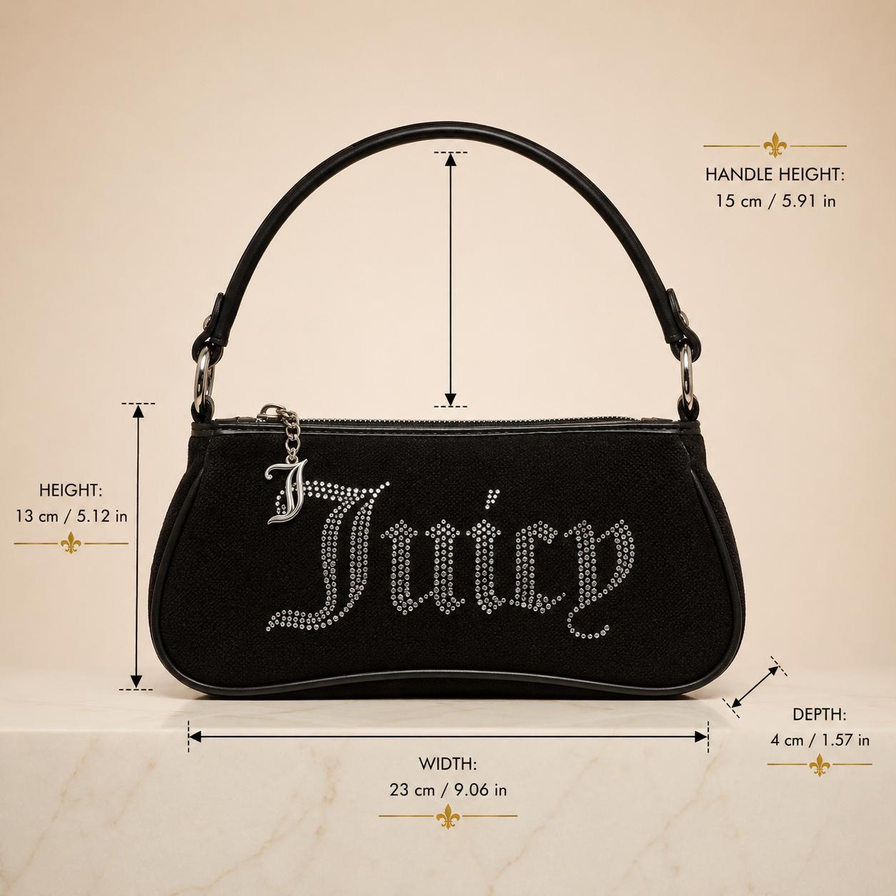 Juicy Couture Black Velvet Shoulder Bag, Rhinestone Handbag, Matching Pouch, Silver Charm Purse, Gift for Her