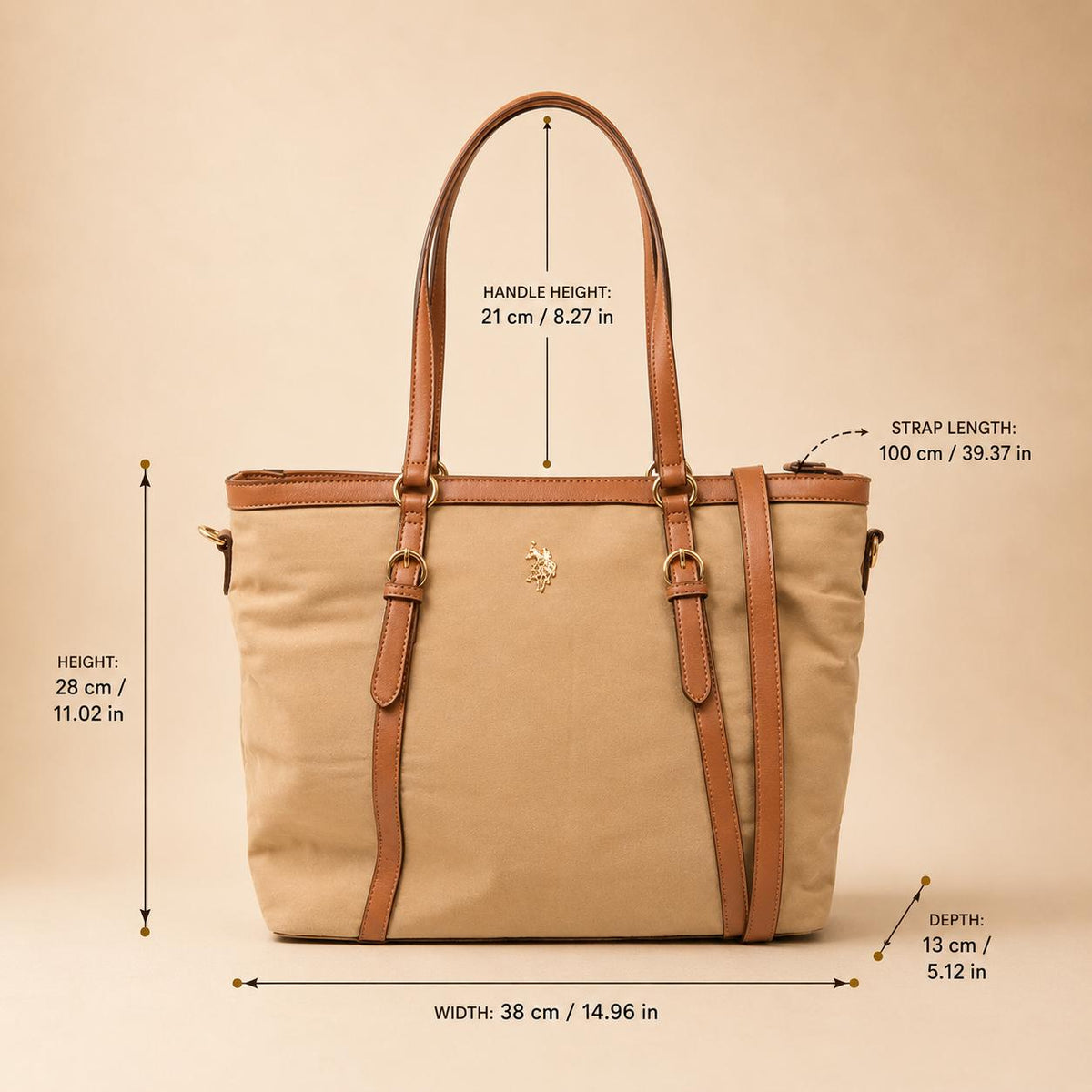 U.S. Polo Assn. Beige Tote Bag, Large Womens Shopping Bag, Nylon Shoulder Handbag, Adjustable Strap Work Bag, Gift for Her