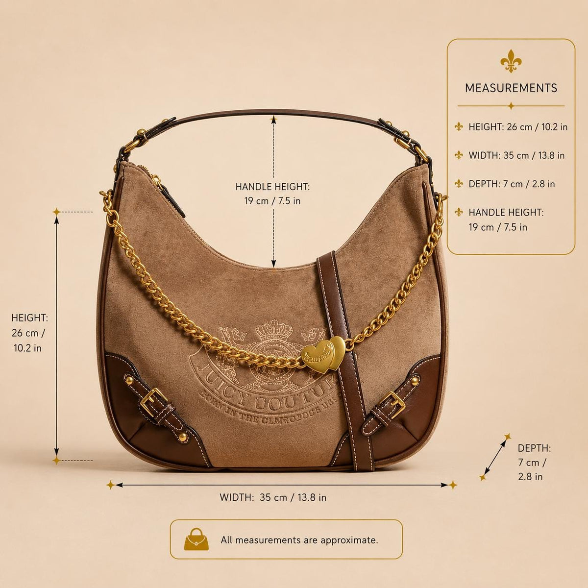 Juicy Couture Brown Hobo Shoulder Bag, Y2K Vintage Inspired Handbag, Gold Heart Charm, 2000s Aesthetic Purse