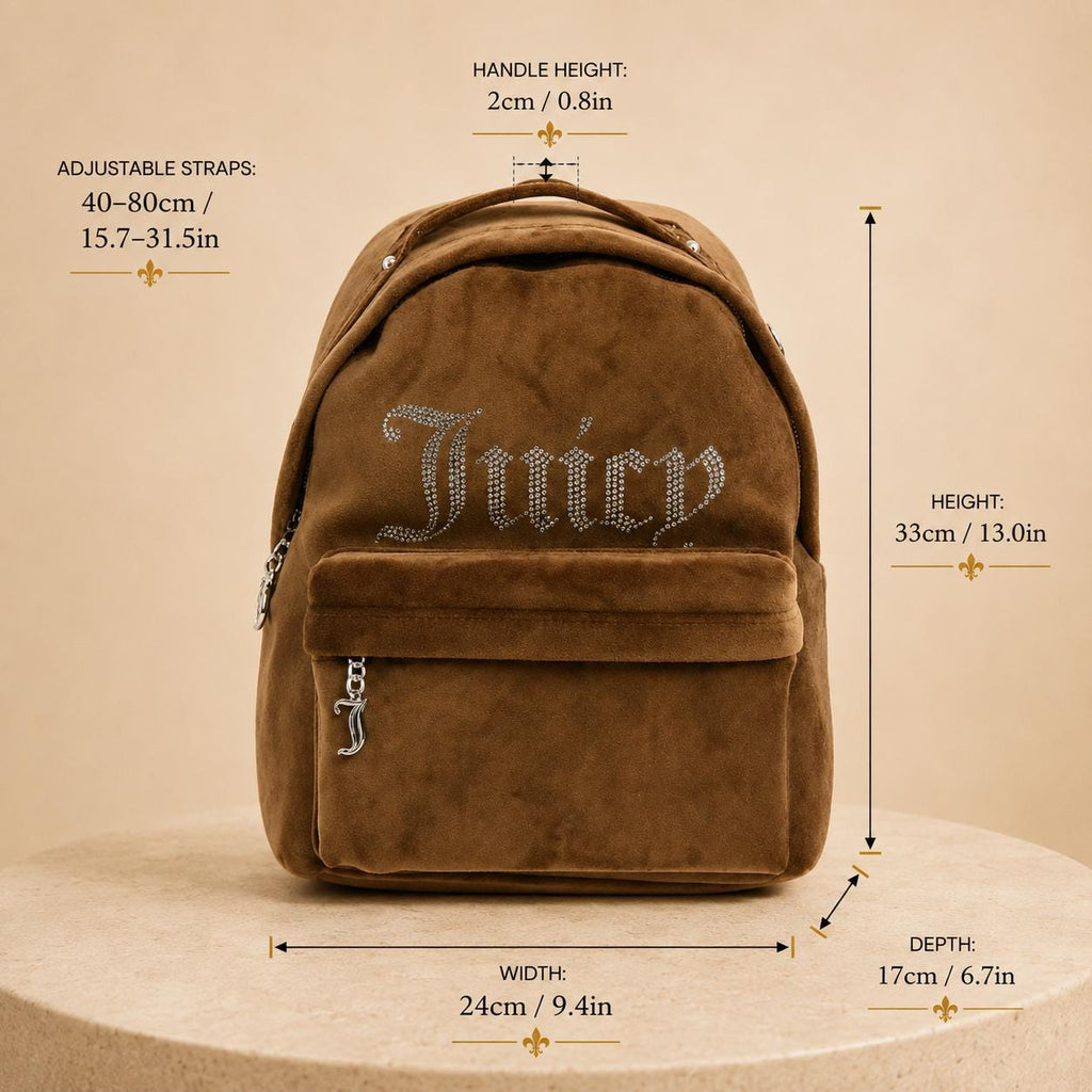 Juicy Couture Brown Velvet Kimberly Backpack, Rhinestone Logo Backpack, Velour Womens Rucksack, Brown Day Bag, Gift for Her