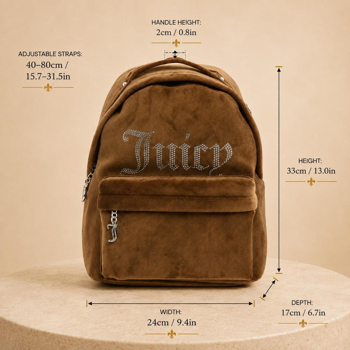 Juicy Couture Brown Velvet Kimberly Backpack, Rhinestone Logo Backpack, Velour Womens Rucksack, Brown Day Bag, Gift for Her
