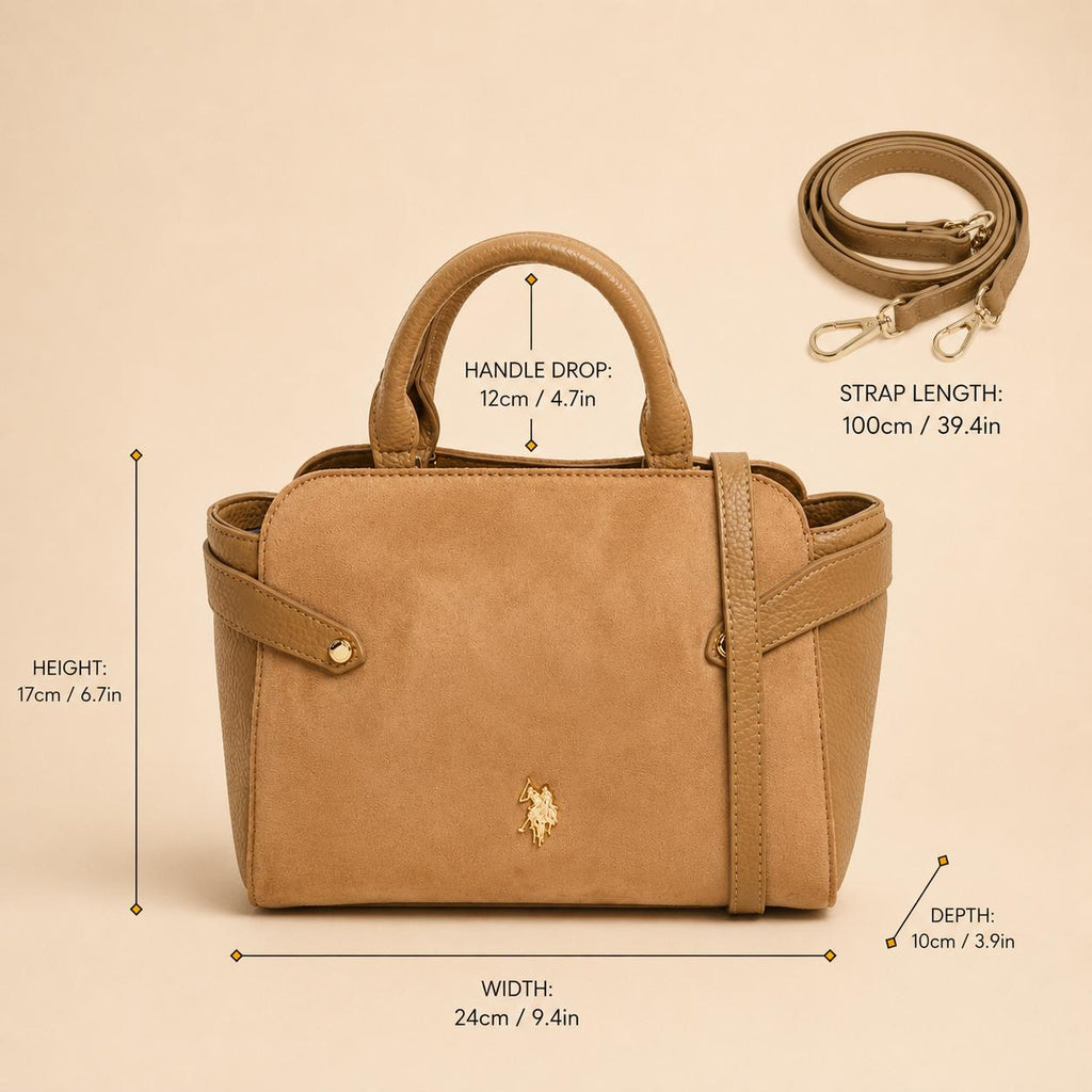 U.S. Polo Assn. Tan Grab Bag, Camel Shoulder Handbag, Suede Look Top Handle Bag, Crossbody Purse, Gold Logo Bag, Gift for Her