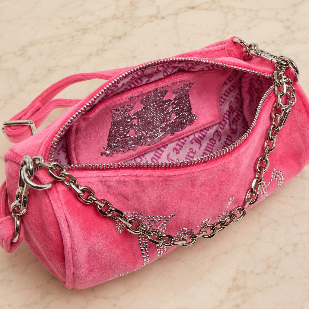 Juicy Couture Pink Barrel Bag, Velour Shoulder Bag, Rhinestone Logo Handbag, Silver Chain Purse, Pink Handbag, Gift for Her