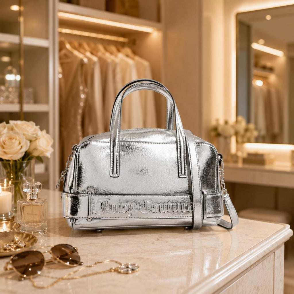 Juicy Couture Silver Jasmine Reflection Handbag, Metallic Silver Mini Tote Bag, Crossbody Shoulder Bag, Designer Style Gift for Her