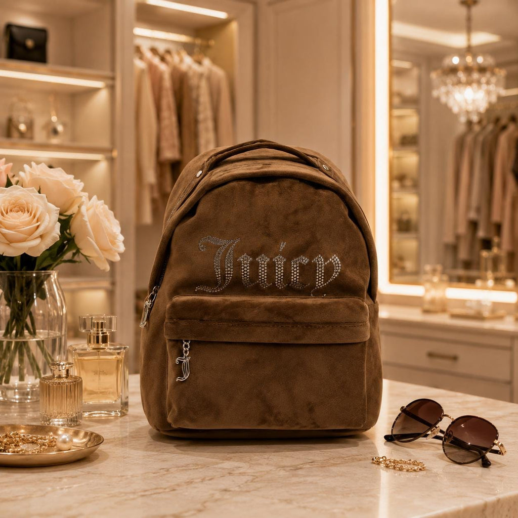 Juicy Couture Brown Velvet Kimberly Backpack, Rhinestone Logo Backpack, Velour Womens Rucksack, Brown Day Bag, Gift for Her