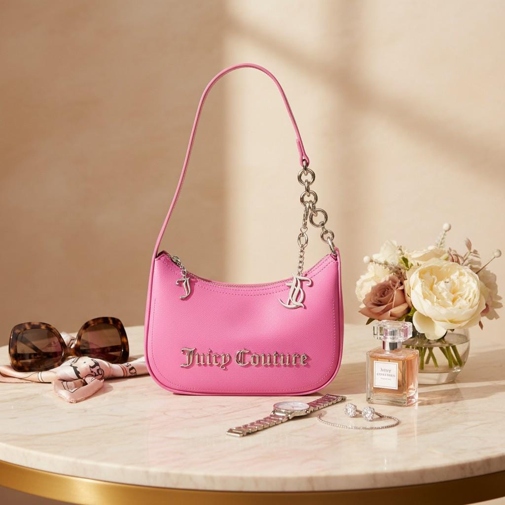 Juicy Couture Pink Shoulder Bag, Y2K Handbag, Silver Chain Purse, Pink Mini Bag, 2000s Style Gift for Her