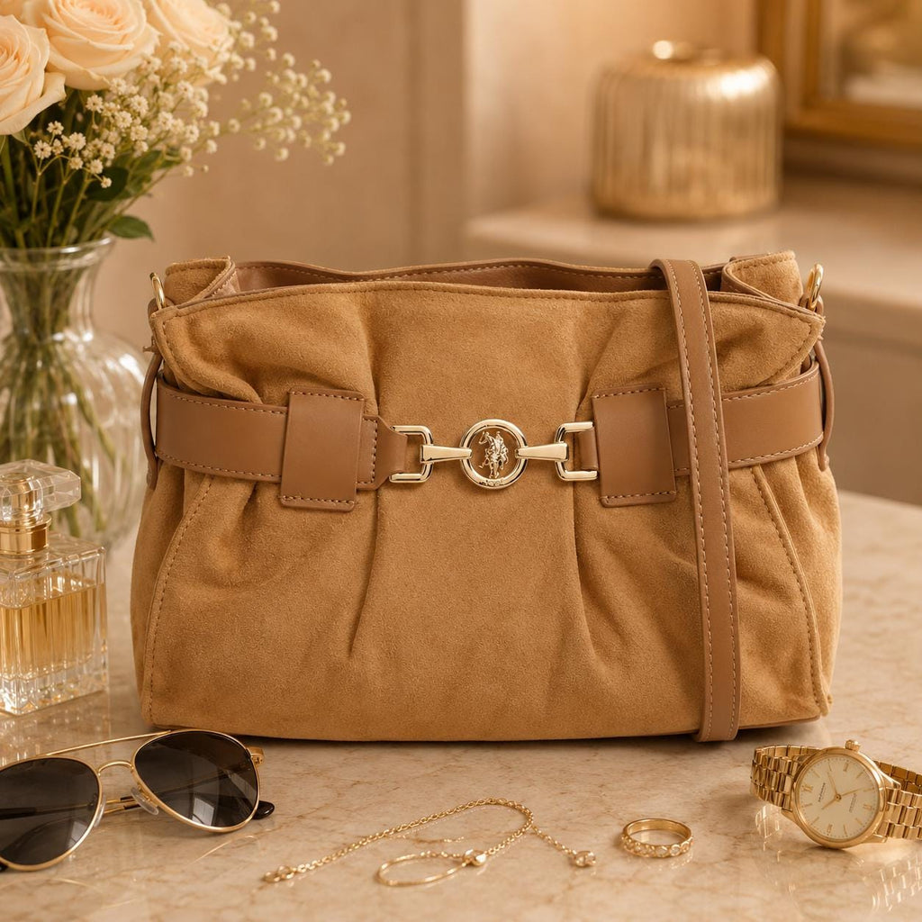 US Polo Assn Light Brown Crossbody Bag, Jane Shoulder Handbag, Gold Horsebit Purse, Adjustable Strap Bag, Everyday Bag, Gift for Her