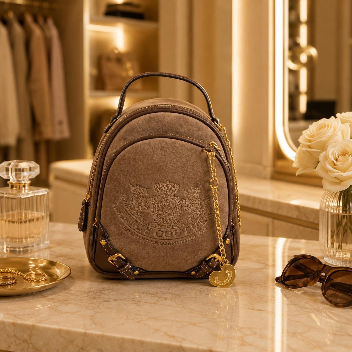 Juicy Couture Brown Plush Mini Backpack, Embroidered Logo Backpack, Gold Tone Chain Bag, Women’s Designer Style Backpack