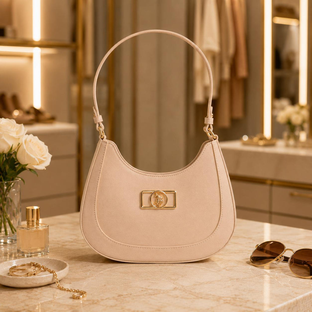 U.S. Polo Assn Pink Shoulder Bag, Faux Leather Handbag, Gold Logo Purse, Pink Hobo Bag, Womens Everyday Bag, Gift for Her