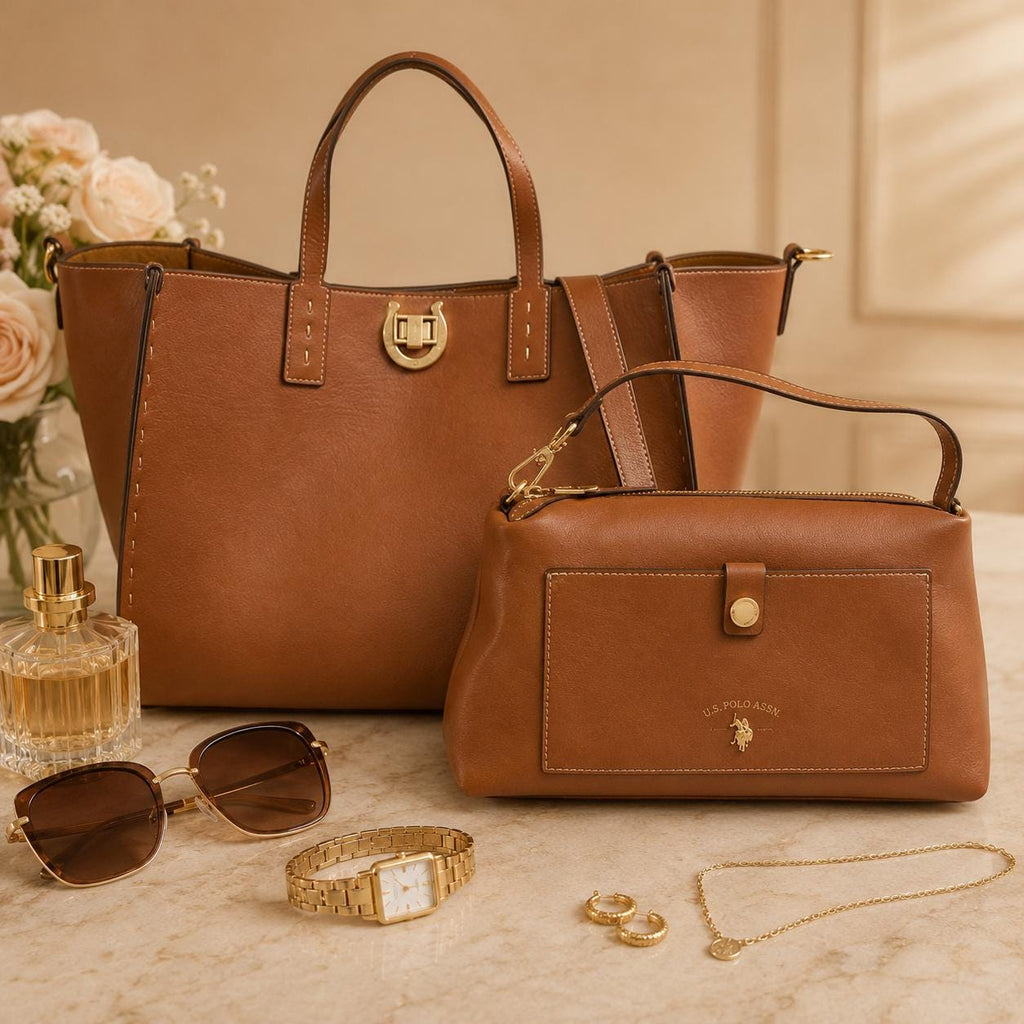 U.S. Polo Assn Brown Tote Bag Set, Womens Shoulder Bag & Crossbody, 2 Piece Handbag Set, Faux Leather Everyday Bag, Gift for Her