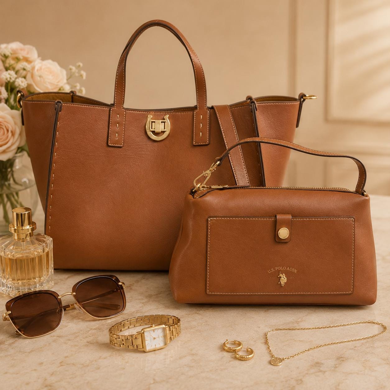 U.S. Polo Assn Brown Tote Bag Set, Womens Shoulder Bag & Crossbody, 2 Piece Handbag Set, Faux Leather Everyday Bag, Gift for Her