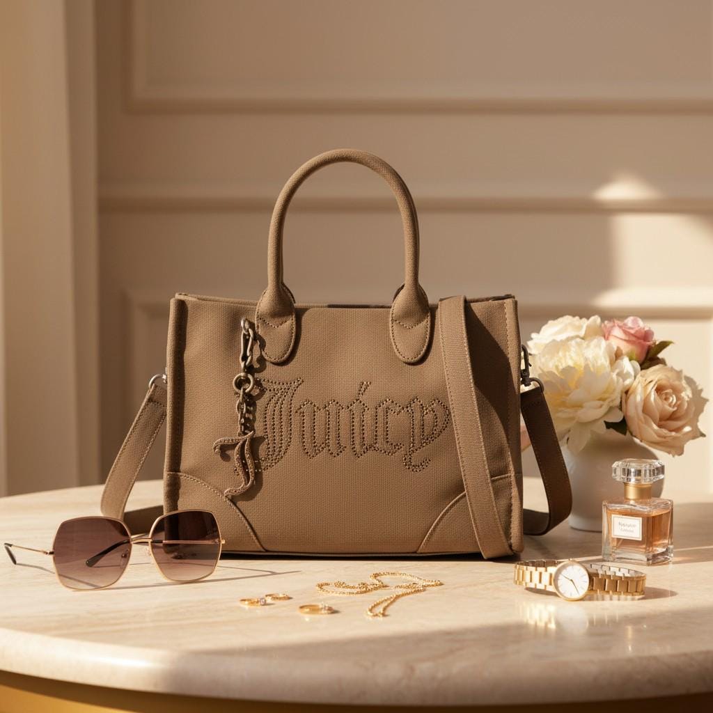 Juicy Couture Brown Tote Bag, Large Canvas Shoulder Bag, Embellished Logo Handbag, Detachable Strap, Womens Everyday Bag