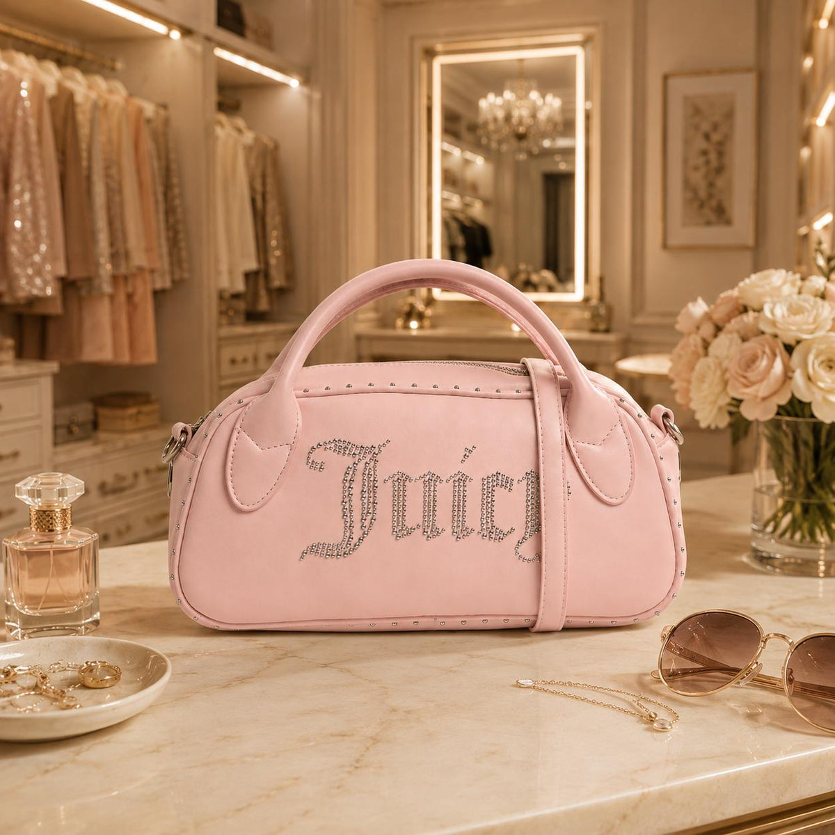 Juicy Couture Light Pink Shoulder Bag, Rhinestone Logo Handbag, Pink Crossbody Bag, Kimberly Top Handle Purse, Gift for Her
