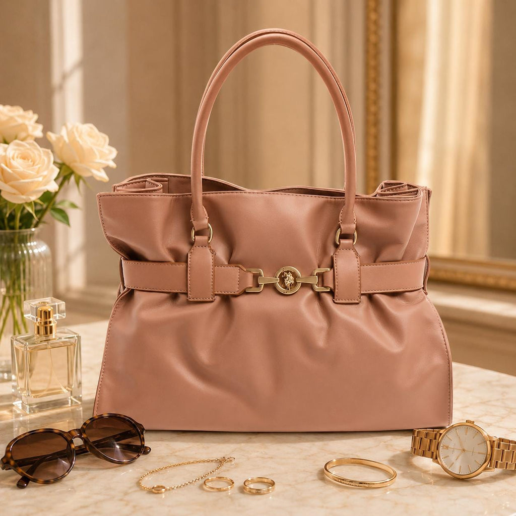 US Polo Assn Peach Tote Bag, Jane Large Shoulder Handbag, Gold Horsebit Shopper Bag, Everyday Womens Purse, Gift for Her