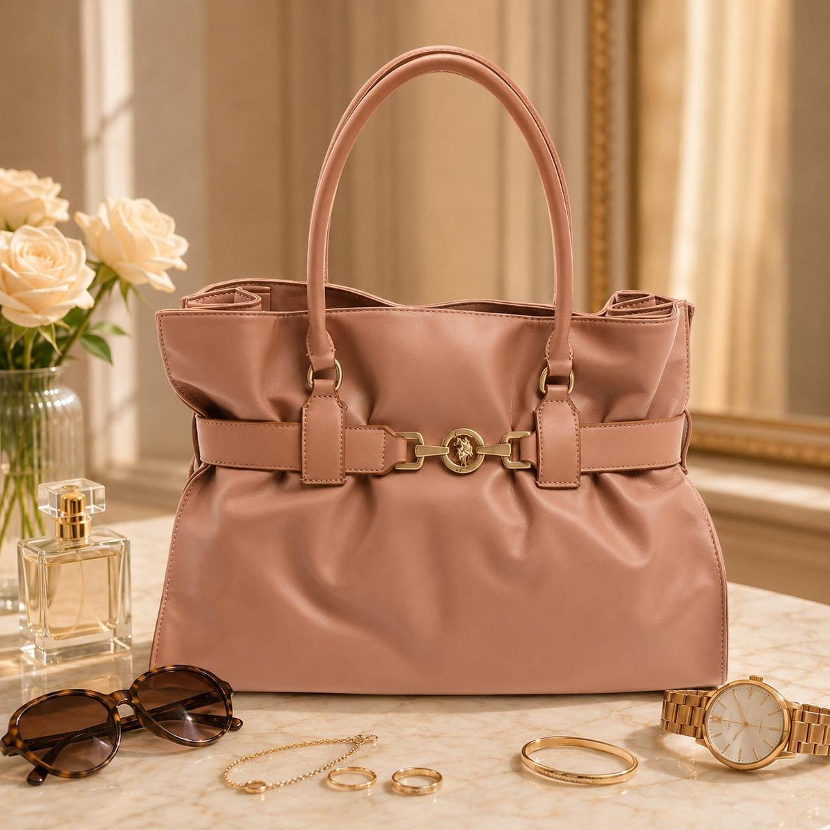 US Polo Assn Peach Tote Bag, Jane Large Shoulder Handbag, Gold Horsebit Shopper Bag, Everyday Womens Purse, Gift for Her