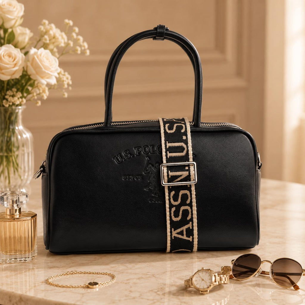 U.S. Polo Assn Black Bowling Bag, Faux Leather Shoulder Bag, Embossed Logo Handbag, Detachable Strap, Womens Crossbody Bag