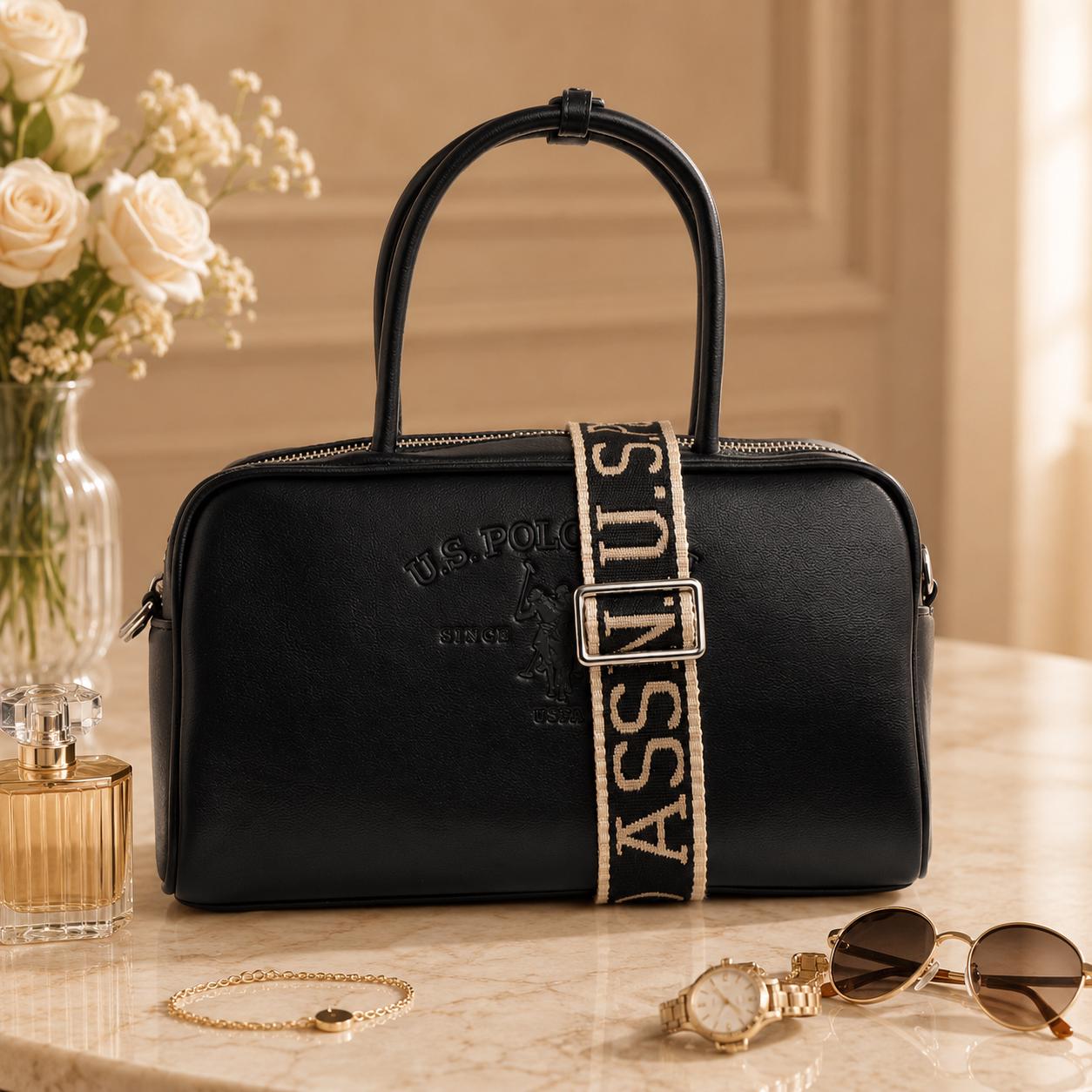 U.S. Polo Assn Black Bowling Bag, Faux Leather Shoulder Bag, Embossed Logo Handbag, Detachable Strap, Womens Crossbody Bag