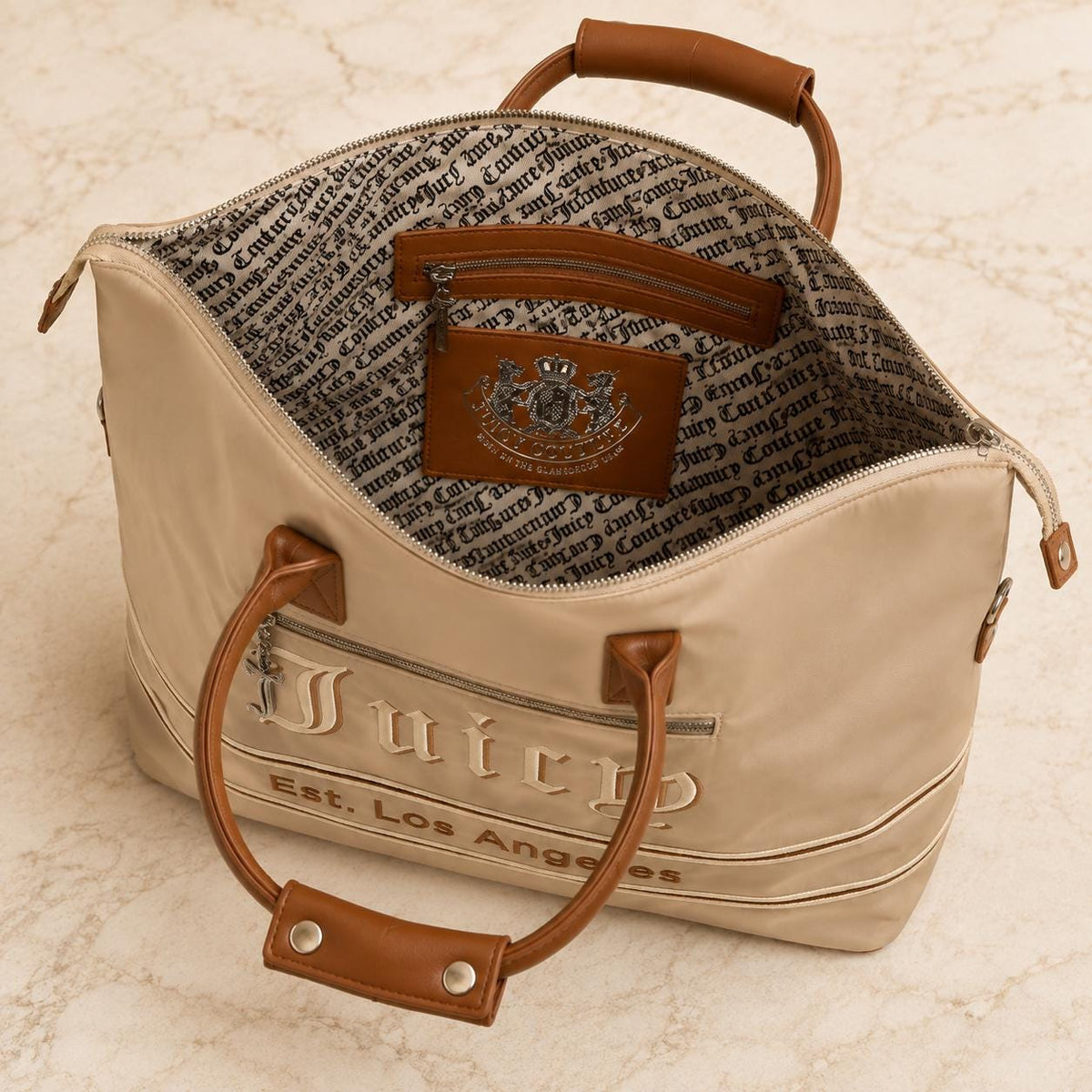 Juicy Couture Large Weekender Bag, Light Taupe Travel Bag, Overnight Holdall, Nylon Duffle Bag, Weekend Luggage for Women