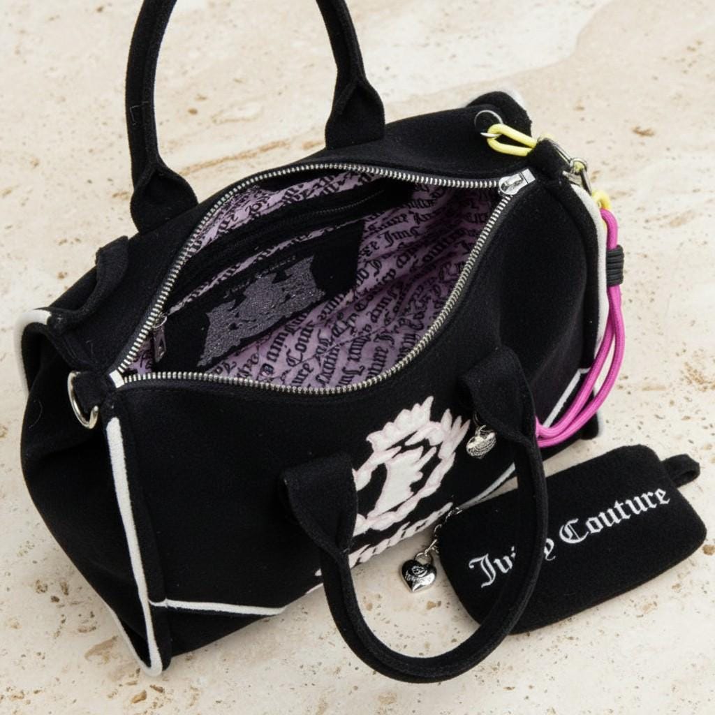Juicy Couture Black Iris Scottie Towelling Tote Bag, Embroidered Logo Handbag, Pink Detail