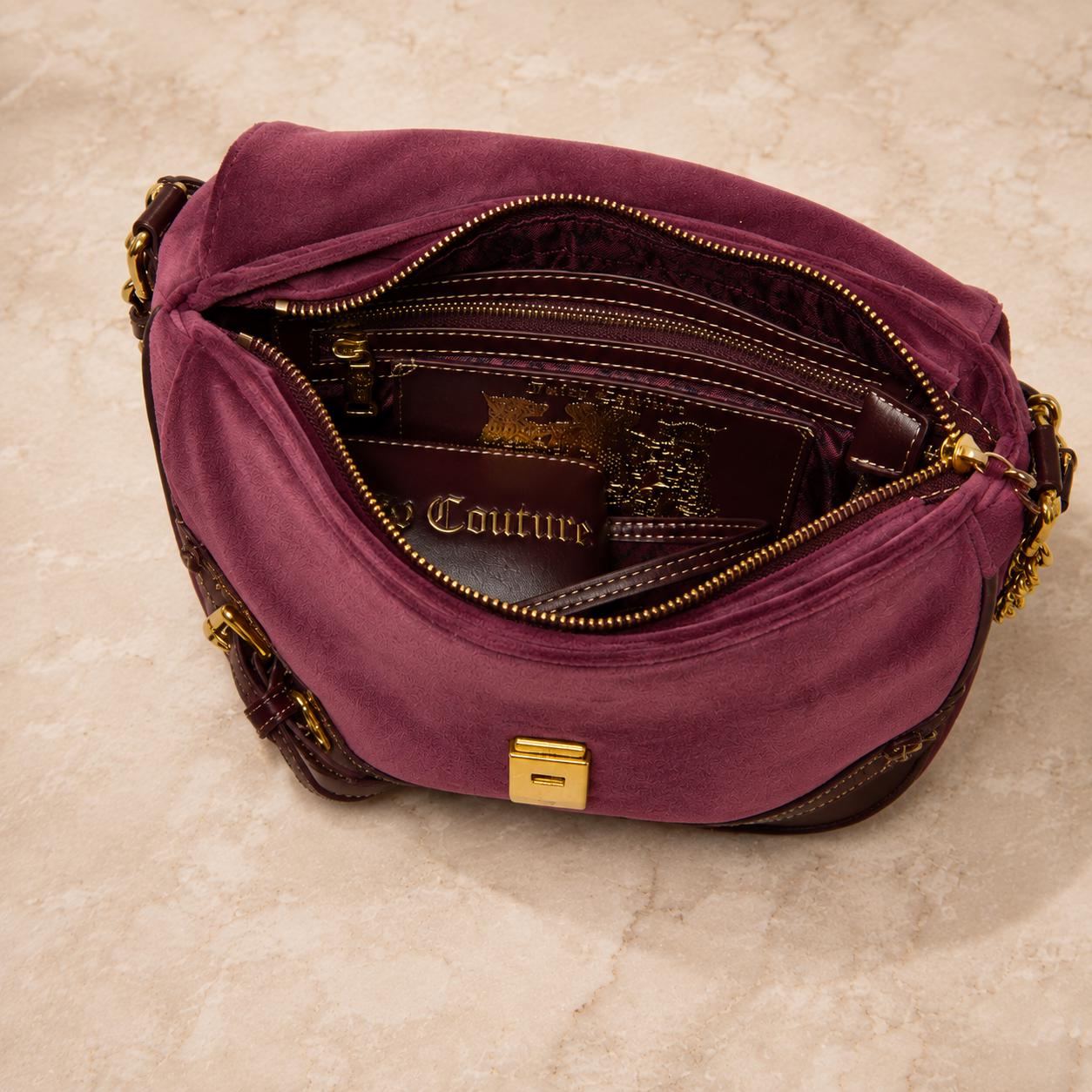 Juicy Couture Burgundy Velour Crossbody Bag, Gold Heart Charm Saddle Shoulder Bag, Dusty Rose Designer Handbag