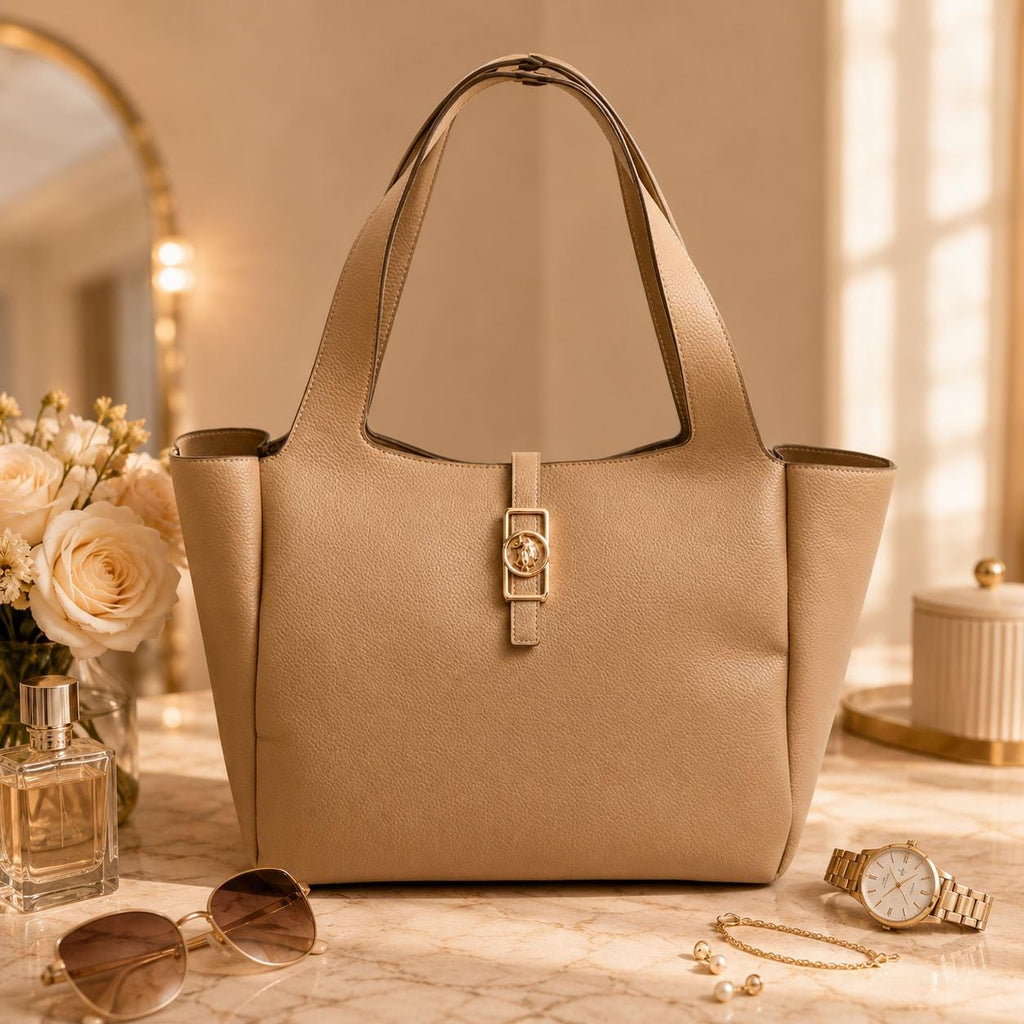 U.S. Polo Assn Taupe Tote Bag, Large Stone Shopping Bag, Structured Shoulder Handbag, Gold Hardware, Everyday Bag for Women