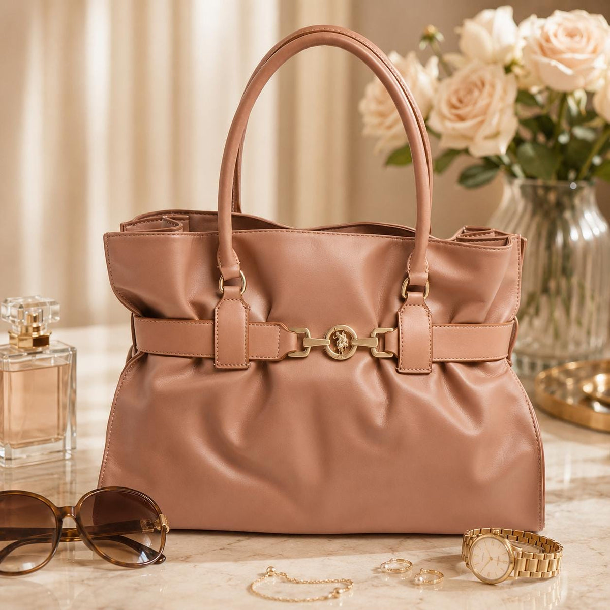 U.S. Polo Assn. Peach Jane Tote Bag, Large Womens Handbag, Gold Horsebit Shoulder Bag, Everyday Work Bag, Gift for Her
