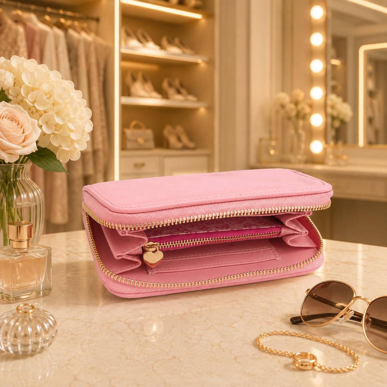 Juicy Couture Pink Zip Around Purse, Faux Leather Wallet, Wristlet, Card Holder, Gold Detail Womens Purse, Gift for Her